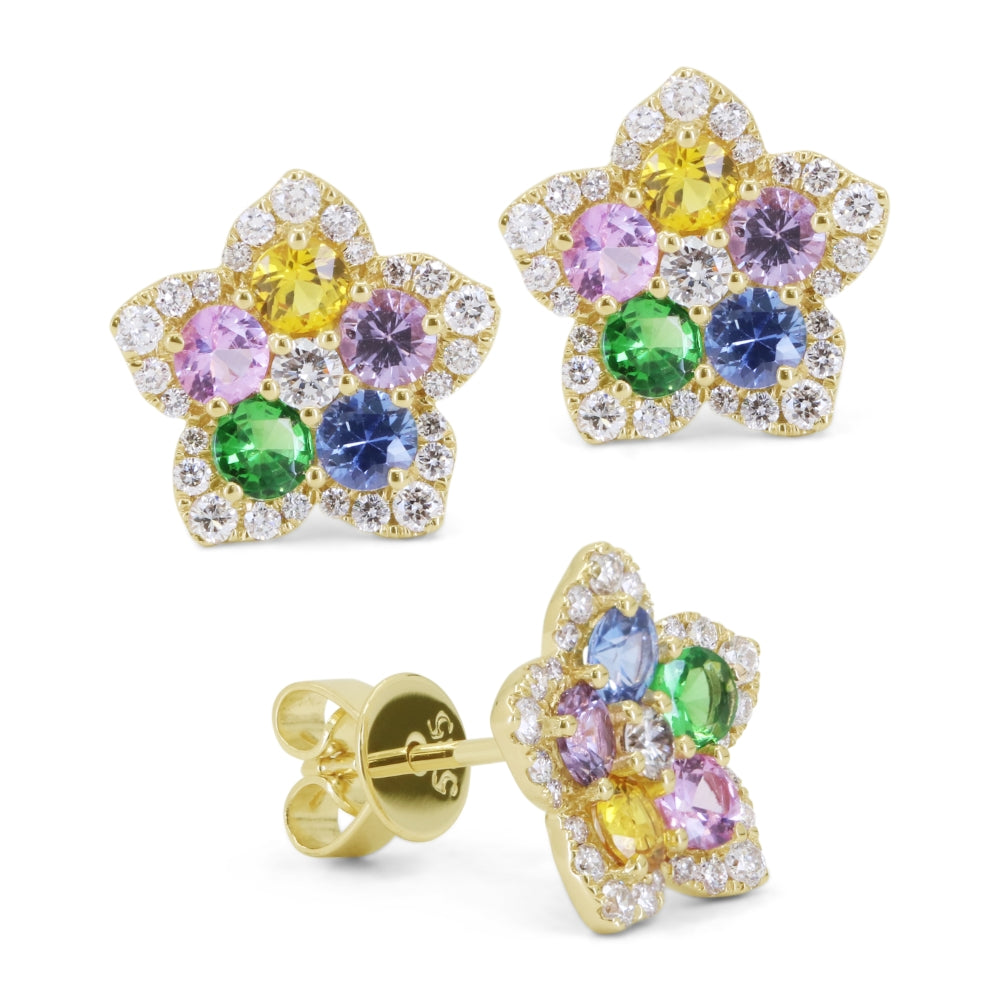 Beautiful Hand Crafted 14K Yellow Gold 3MM Multi Colored Sapphire And Diamond Arianna Collection Stud Earrings With A Push Back Closure