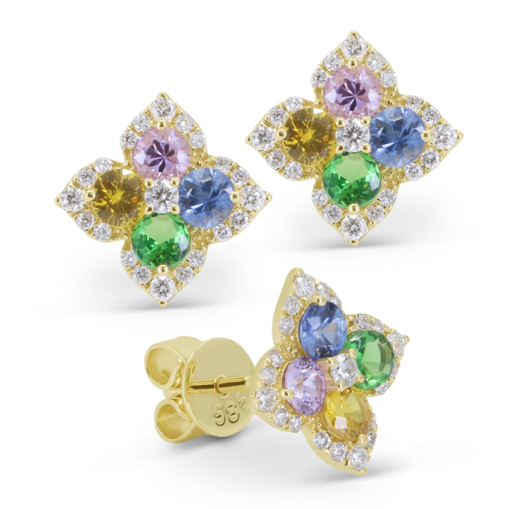 Beautiful Hand Crafted 14K Yellow Gold 3MM Multi Colored Sapphire And Diamond Arianna Collection Stud Earrings With A Push Back Closure