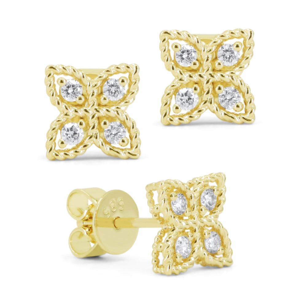 Beautiful Hand Crafted 14K Yellow Gold White Diamond Milano Collection Stud Earrings With A Push Back Closure