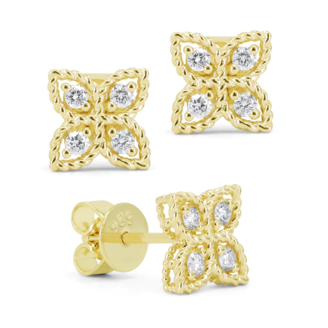 Beautiful Hand Crafted 14K Yellow Gold White Diamond Milano Collection Stud Earrings With A Push Back Closure