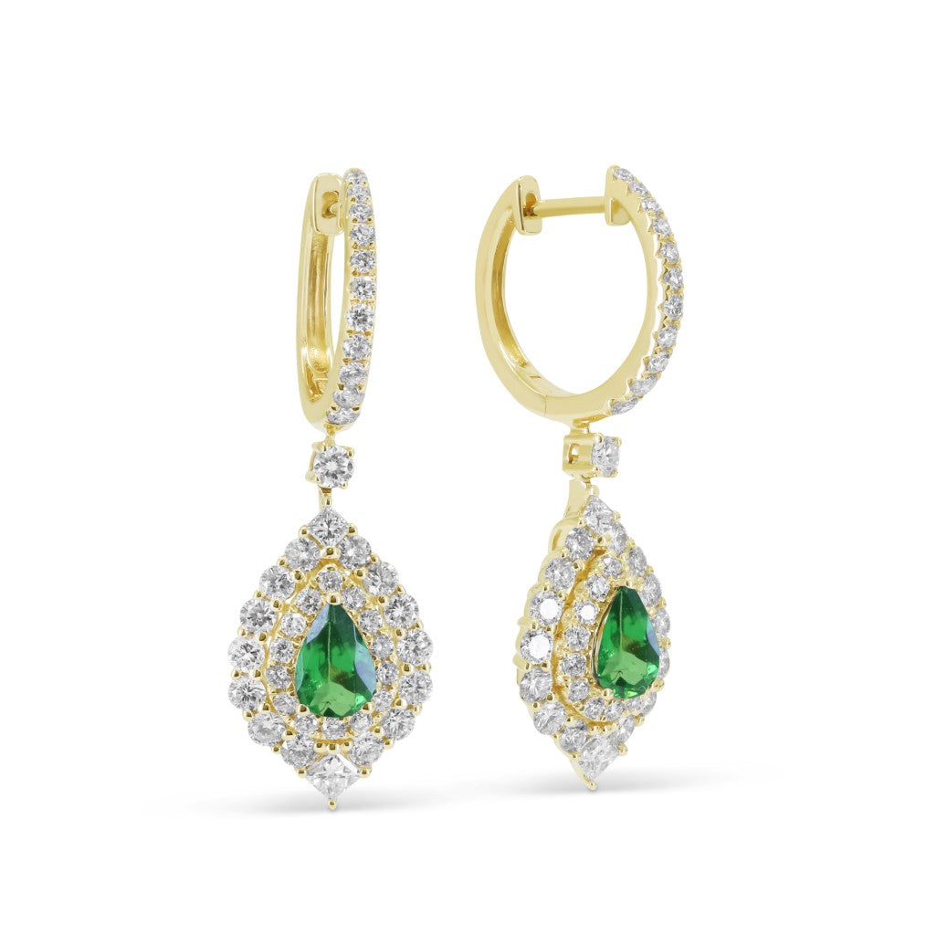 Beautiful Hand Crafted 14K Yellow Gold  Tsavorite And Diamond Arianna Collection Drop Dangle Earrings With A Lever Back Closure