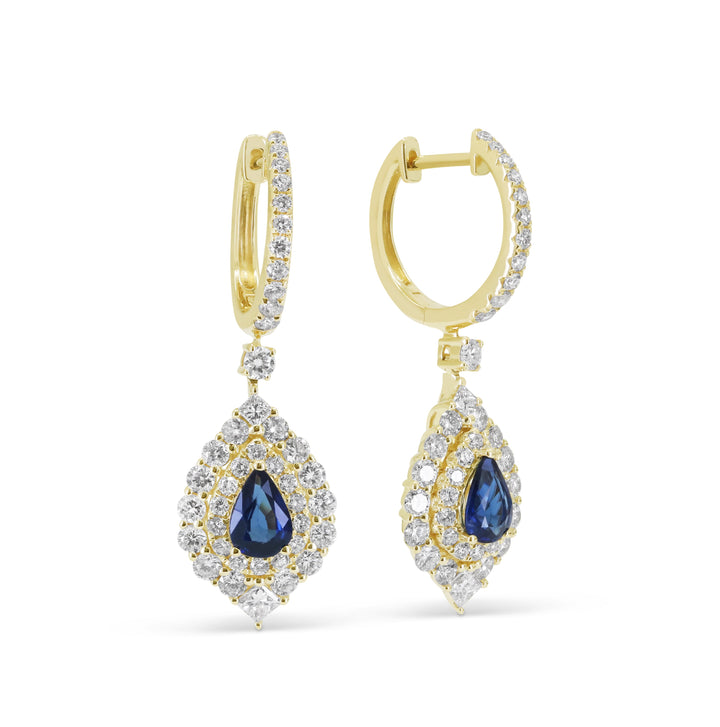 Beautiful Hand Crafted 14K Yellow Gold  Sapphire And Diamond Arianna Collection Drop Dangle Earrings With A Lever Back Closure