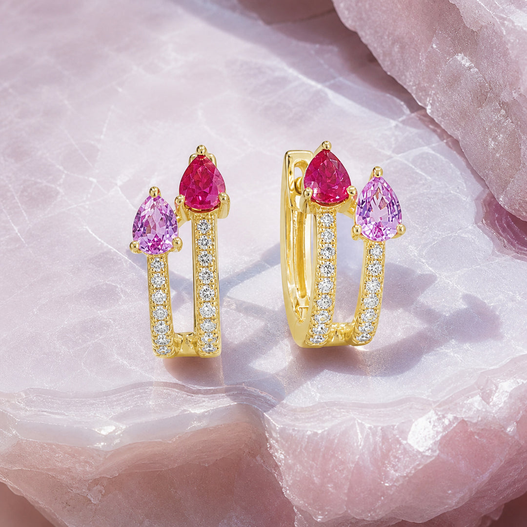 E1869 - 14K Gold Pink Sapphire, Ruby & Sapphire Huggie Stud Earrings