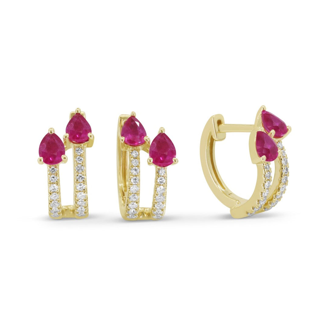 Beautiful Hand Crafted 14K Yellow Gold 3X4MM Ruby And Diamond Arianna Collection Stud Earrings With A Hoop Closure