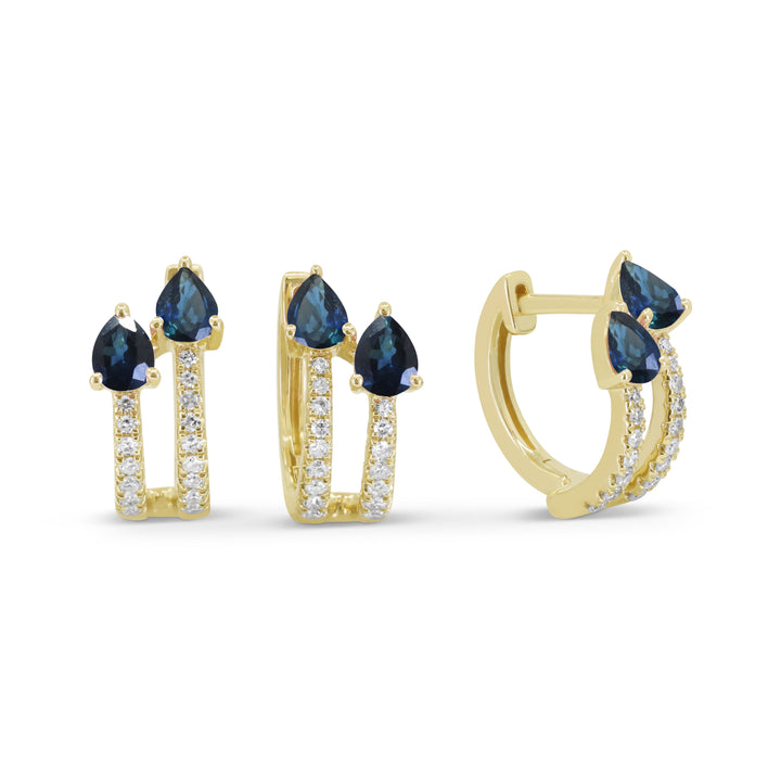 Beautiful Hand Crafted 14K Yellow Gold 3X4MM Sapphire And Diamond Arianna Collection Stud Earrings With A Hoop Closure