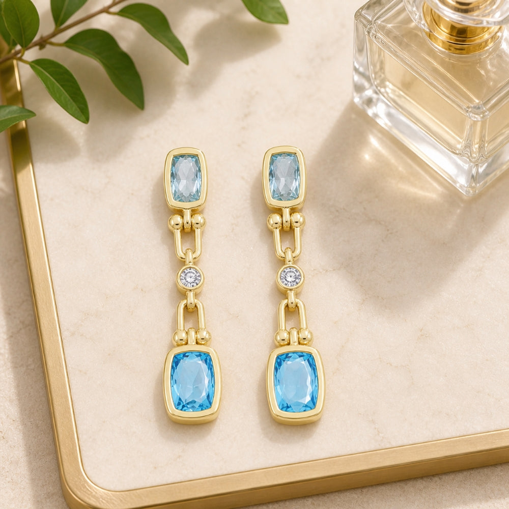 E1870 - 14K Yellow Gold Blue Topaz, Amethyst & Citrine Drop Earrings