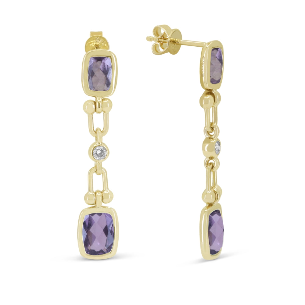 Beautiful Hand Crafted 14K Yellow Gold 5X7MM Amethyst And Diamond Essentials Collection Drop Dangle Earrings With A Push Back Closure