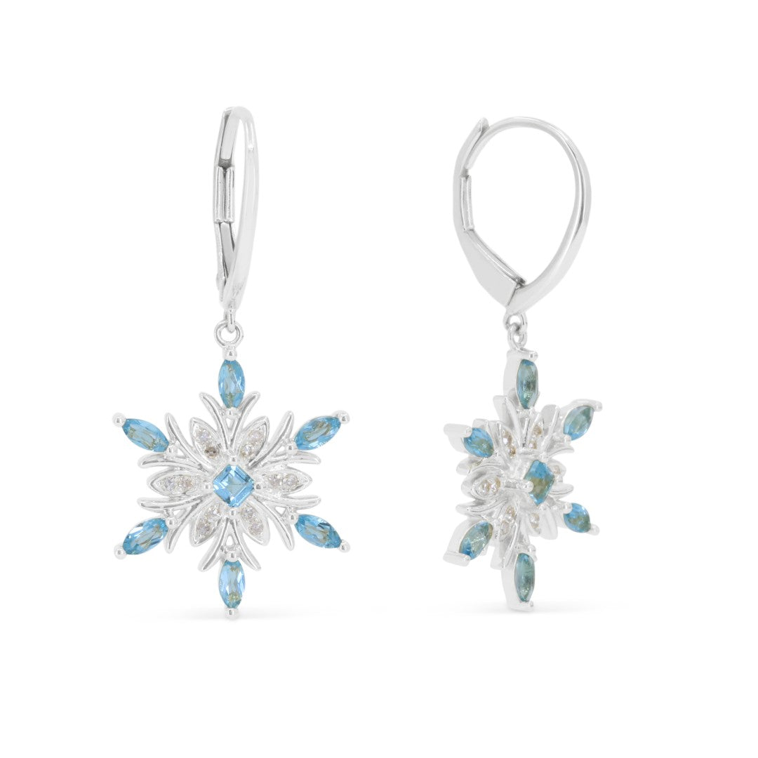 Beautiful Hand Crafted 14K White Gold 2X4MM Swiss Blue Topaz And Diamond Essentials Collection Drop Dangle Earrings With A Lever Back Closure