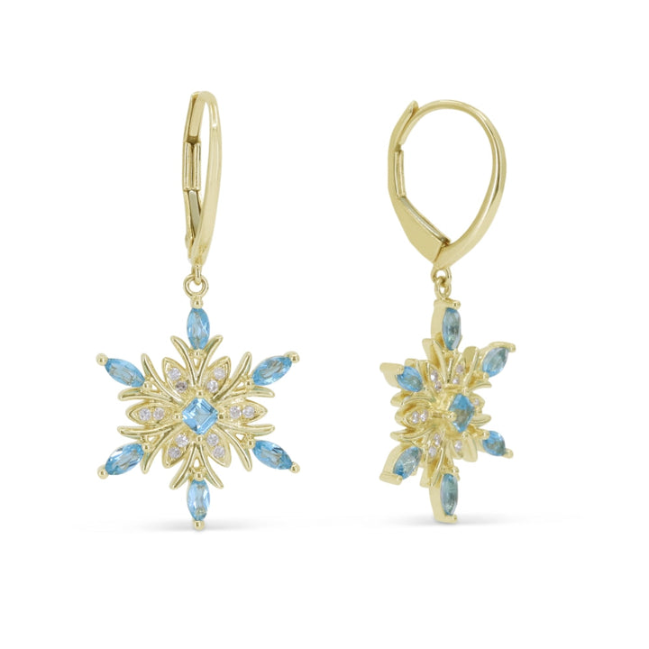 Beautiful Hand Crafted 14K Yellow Gold 2X4MM Swiss Blue Topaz And Diamond Essentials Collection Drop Dangle Earrings With A Lever Back Closure