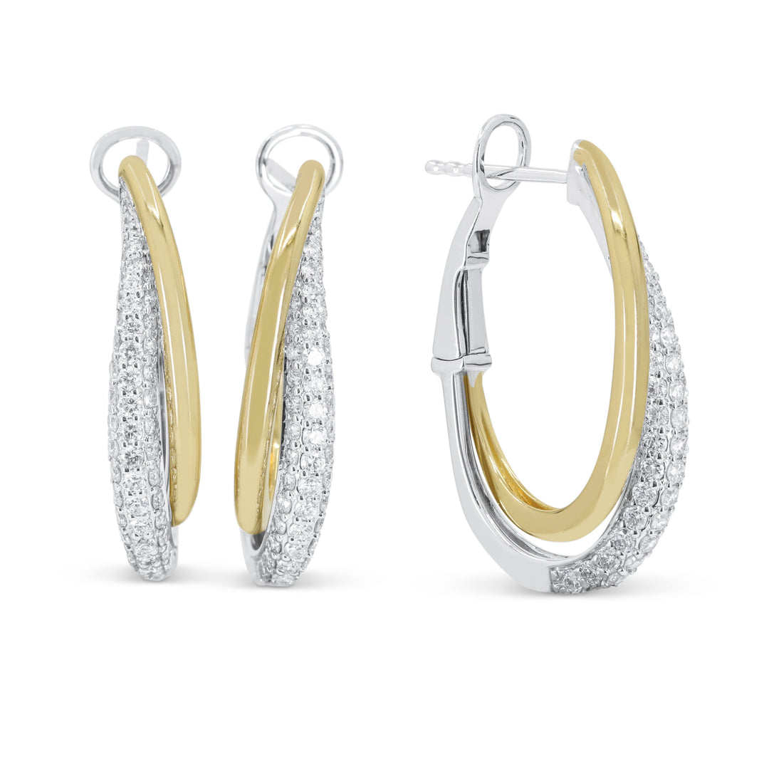 Beautiful Hand Crafted 14K Two Tone Gold White Diamond Milano Collection Hoop Earrings With A Lever Back Closure