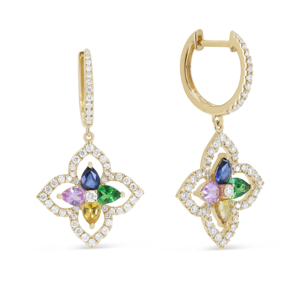 Beautiful Hand Crafted 14K Yellow Gold  Multi Colored Sapphire And Diamond Arianna Collection Drop Dangle Earrings With A Lever Back Closure