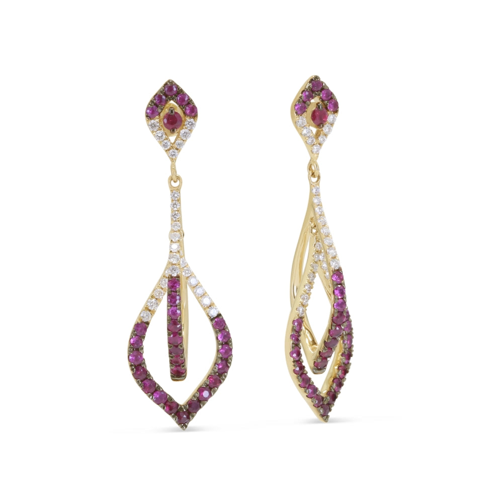 Beautiful Hand Crafted 14K Yellow Gold 2MM Ruby And Diamond Arianna Collection Drop Dangle Earrings With A Push Back Closure