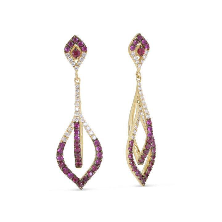 Beautiful Hand Crafted 14K Yellow Gold 2MM Ruby And Diamond Arianna Collection Drop Dangle Earrings With A Push Back Closure