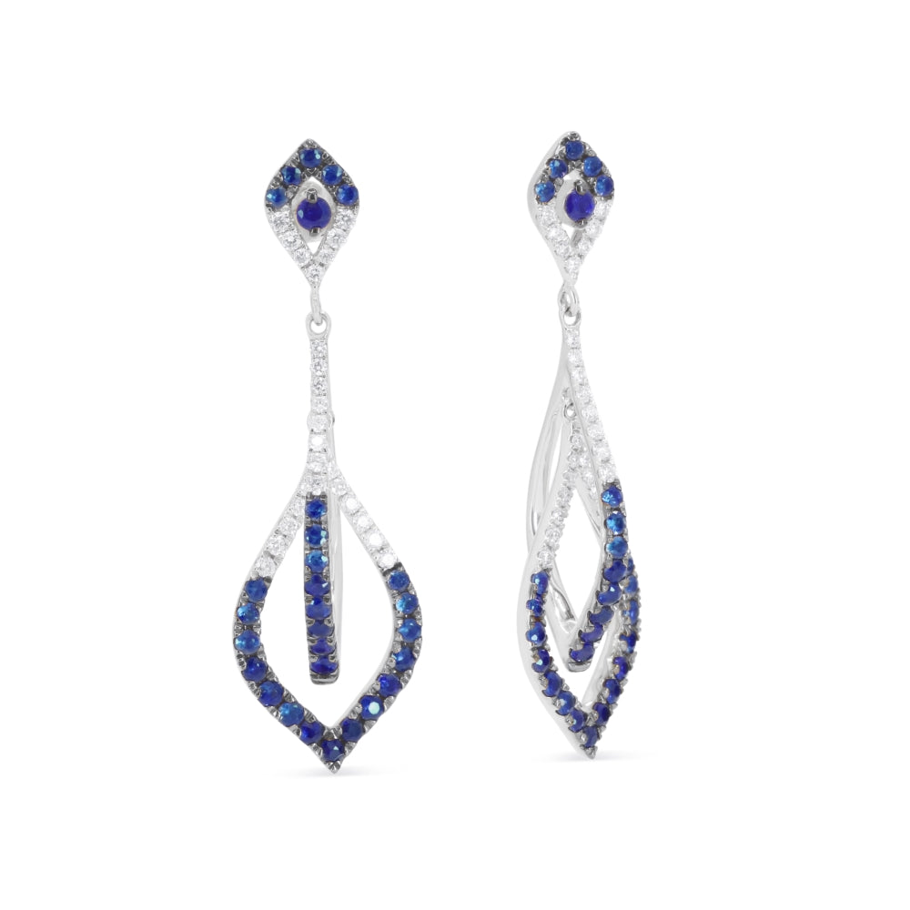 Beautiful Hand Crafted 14K White Gold 2MM Sapphire And Diamond Arianna Collection Drop Dangle Earrings With A Push Back Closure