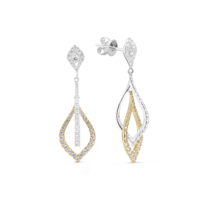 Beautiful Hand Crafted 14K Two Tone Gold White Diamond Milano Collection Drop Dangle Earrings With A Push Back Closure