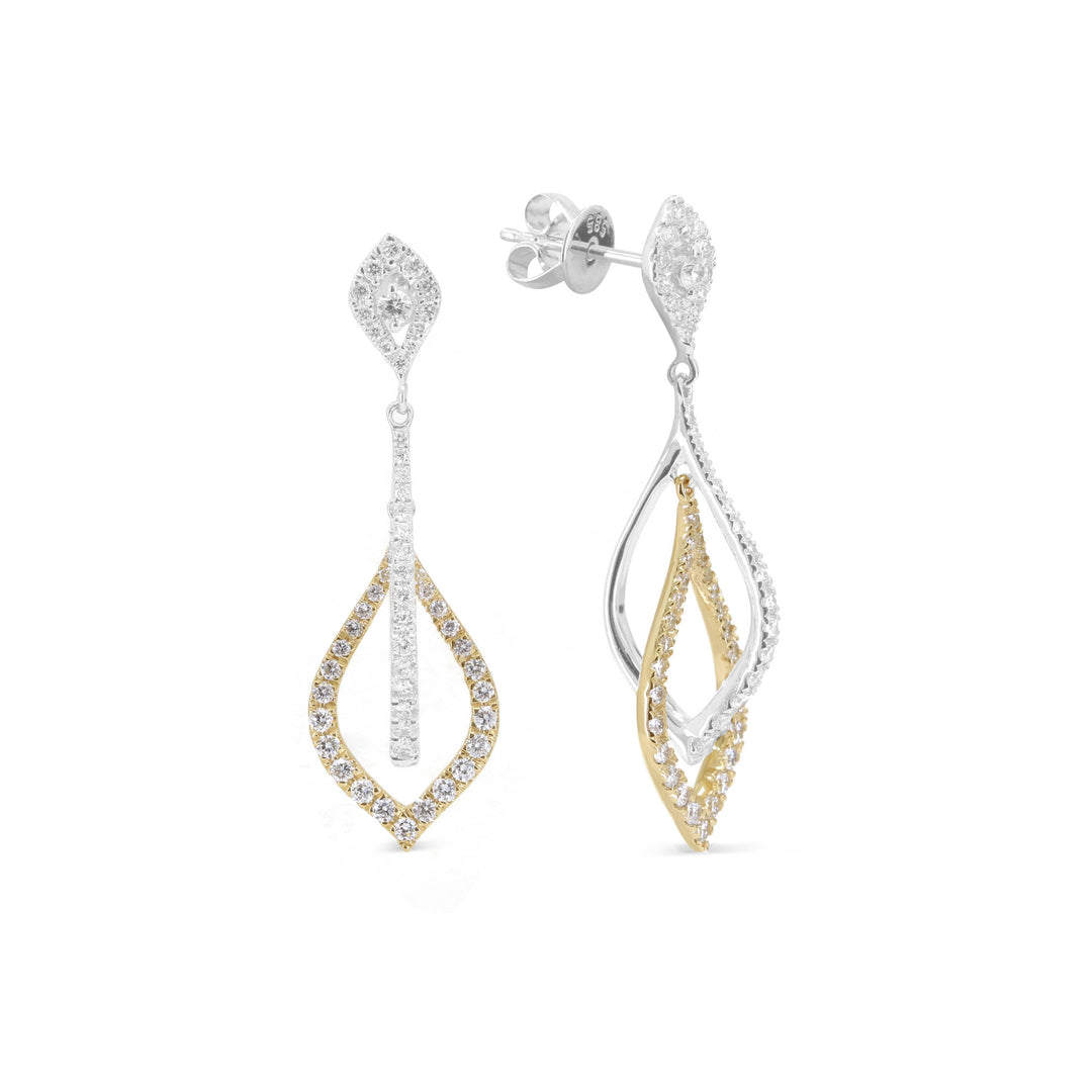 Beautiful Hand Crafted 14K Two Tone Gold White Diamond Milano Collection Drop Dangle Earrings With A Push Back Closure