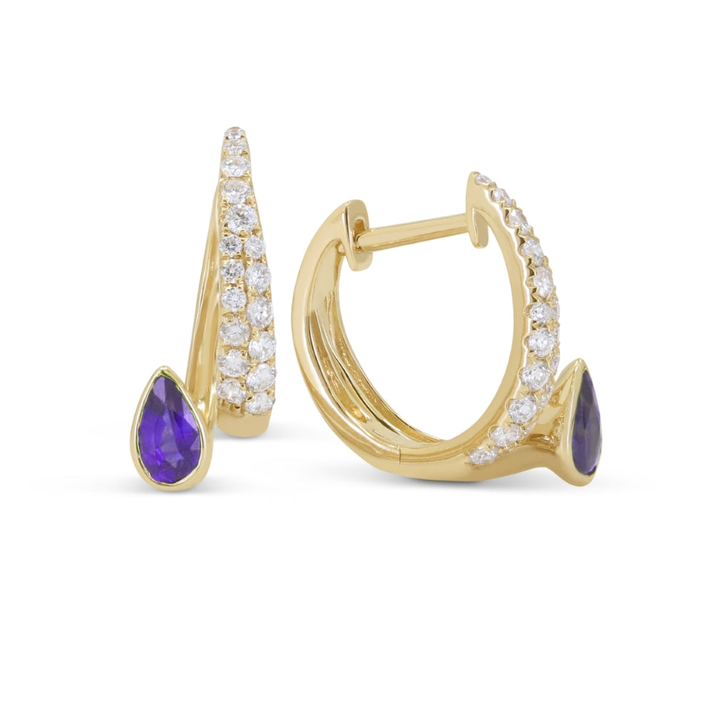 Beautiful Hand Crafted 14K Yellow Gold 3X5MM Amethyst And Diamond Essentials Collection Hoop Earrings With A Lever Back Closure