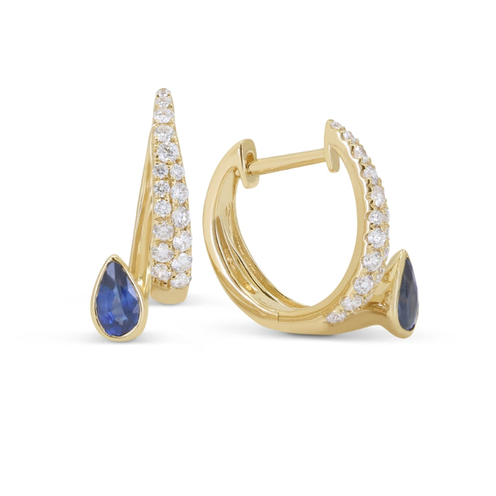 Beautiful Hand Crafted 14K Yellow Gold 3X5MM Created Sapphire And Diamond Essentials Collection Hoop Earrings With A Lever Back Closure