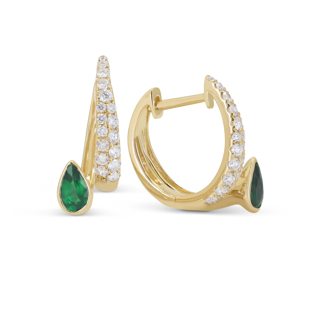 Beautiful Hand Crafted 14K Yellow Gold 3X5MM Created Emerald And Diamond Essentials Collection Hoop Earrings