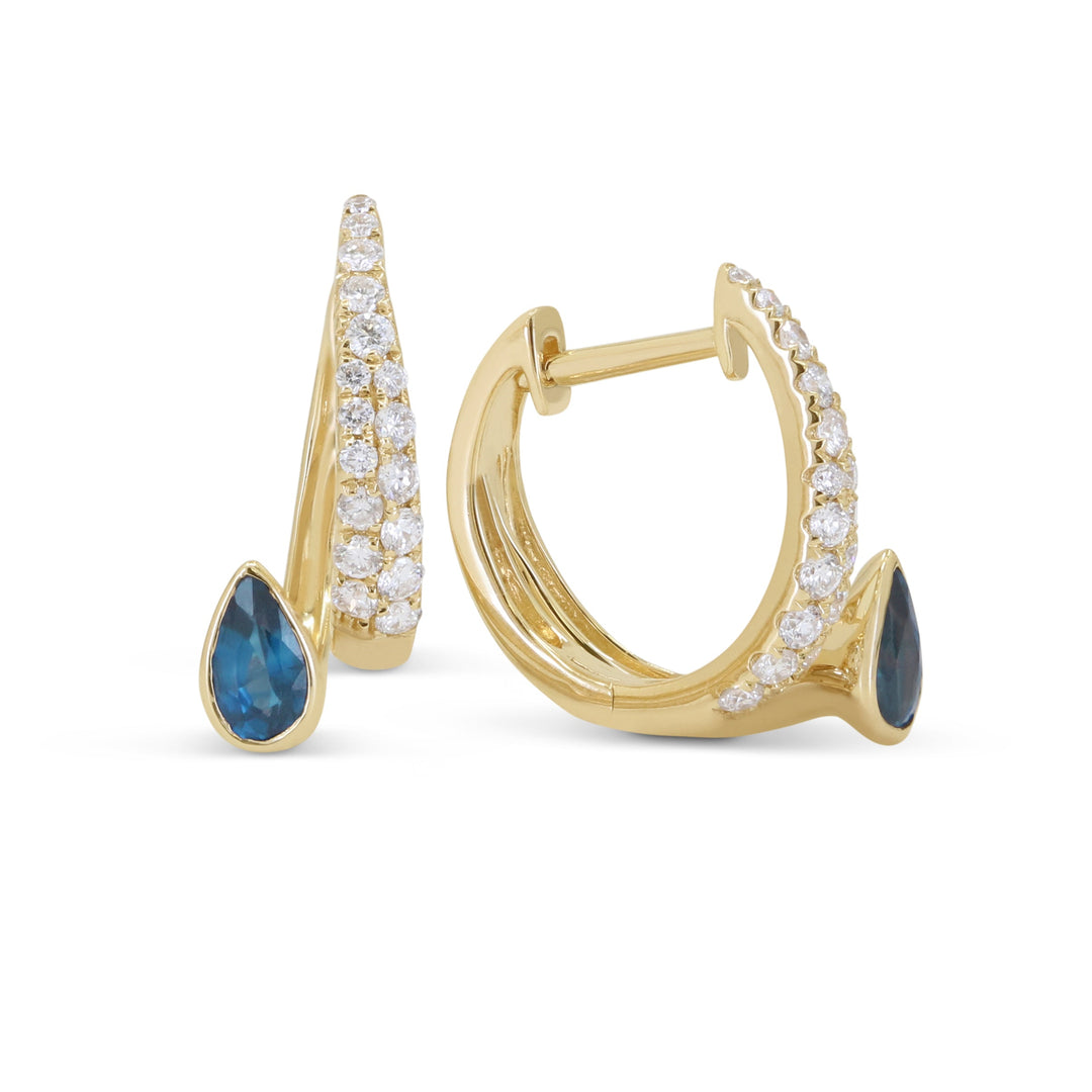 Beautiful Hand Crafted 14K Yellow Gold 3X5MM London Blue Topaz And Diamond Essentials Collection Hoop Earrings With A Lever Back Closure