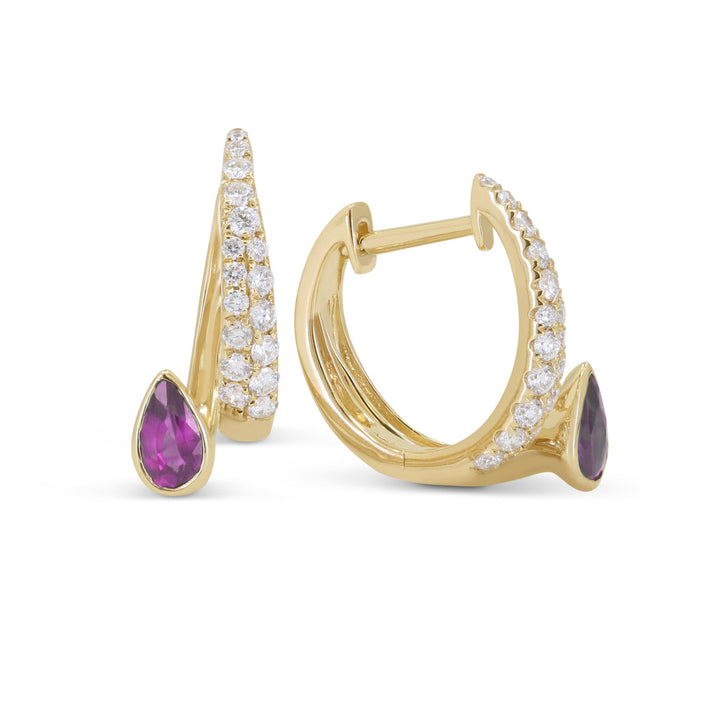 Beautiful Hand Crafted 14K Yellow Gold 3X5MM Created Pink Sapphire And Diamond Essentials Collection Hoop Earrings