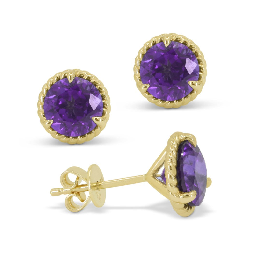 Beautiful Hand Crafted 14K Yellow Gold 7MM Amethyst And Diamond Essentials Collection Stud Earrings With A Push Back Closure