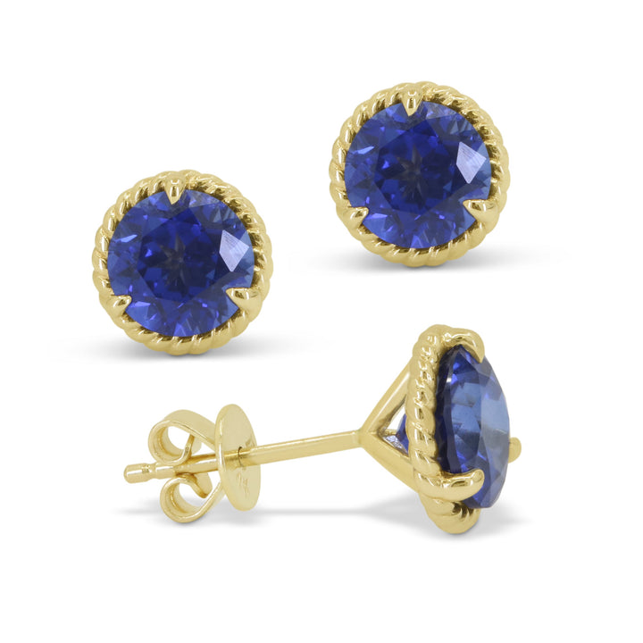 Beautiful Hand Crafted 14K Yellow Gold 7MM Created Sapphire And Diamond Essentials Collection Stud Earrings With A Push Back Closure