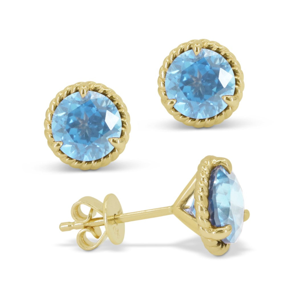 Beautiful Hand Crafted 14K Yellow Gold 7MM Blue Topaz And Diamond Essentials Collection Stud Earrings With A Push Back Closure