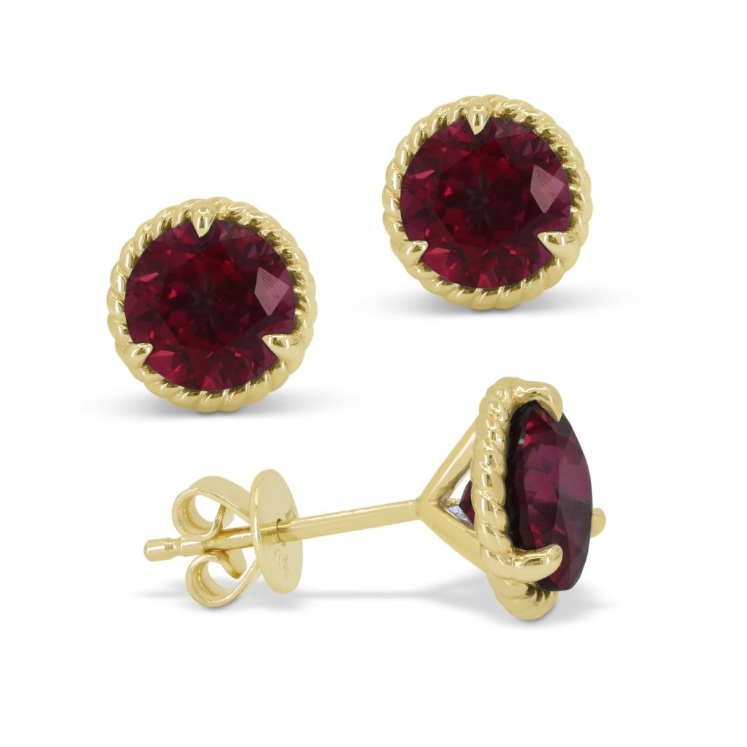 Beautiful Hand Crafted 14K Yellow Gold 7MM Garnet And Diamond Essentials Collection Stud Earrings With A Push Back Closure