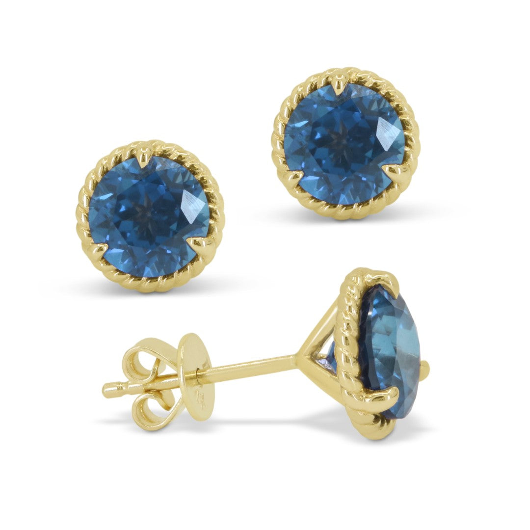 Beautiful Hand Crafted 14K Yellow Gold 7MM London Blue Topaz And Diamond Essentials Collection Stud Earrings With A Push Back Closure