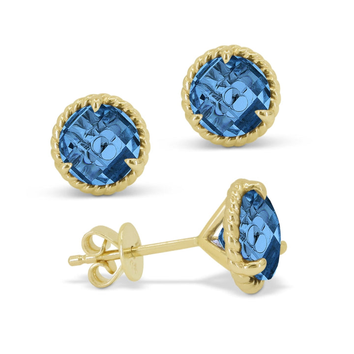 Beautiful Hand Crafted 14K Yellow Gold 7MM Swiss Blue Topaz And Diamond Essentials Collection Stud Earrings With A Push Back Closure