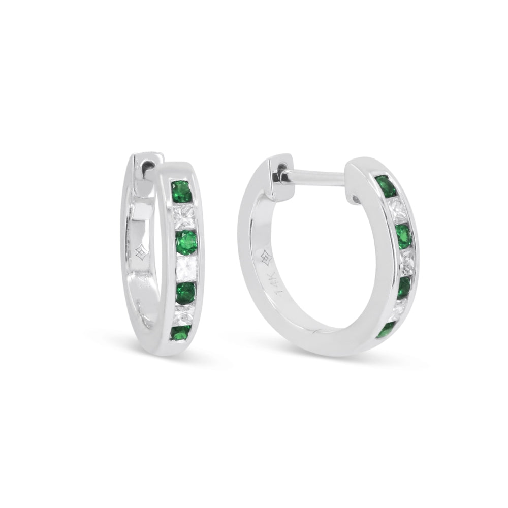 Beautiful Hand Crafted 14K White Gold  Emerald And Diamond Arianna Collection Hoop Earrings With A Hoop Closure