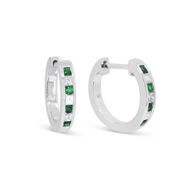 Beautiful Hand Crafted 14K White Gold  Emerald And Diamond Arianna Collection Hoop Earrings With A Hoop Closure