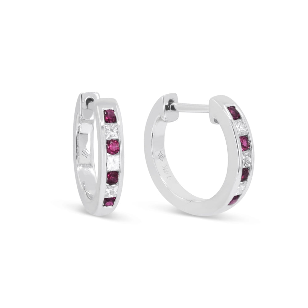 Beautiful Hand Crafted 14K White Gold  Ruby And Diamond Arianna Collection Hoop Earrings With A Hoop Closure