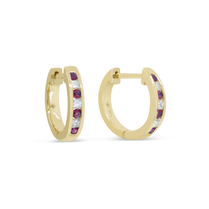 Beautiful Hand Crafted 14K Yellow Gold  Ruby And Diamond Arianna Collection Hoop Earrings With A Hoop Closure