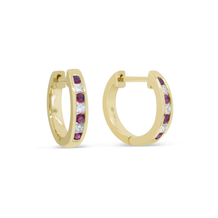 Beautiful Hand Crafted 14K Yellow Gold  Ruby And Diamond Arianna Collection Hoop Earrings With A Hoop Closure