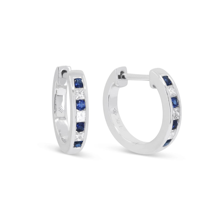 Beautiful Hand Crafted 14K White Gold  Sapphire And Diamond Arianna Collection Hoop Earrings With A Hoop Closure