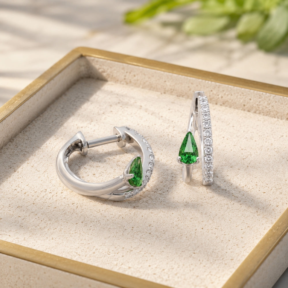 E1885 - 14K White Gold Tsavorite, Ruby & Sapphire Hoop Earrings
