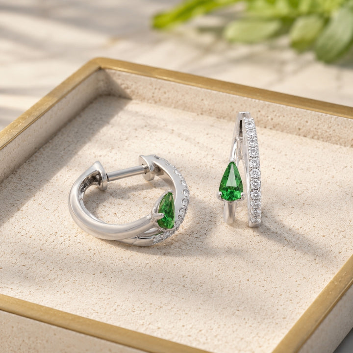 E1885 - 14K White Gold Tsavorite, Ruby & Sapphire Hoop Earrings
