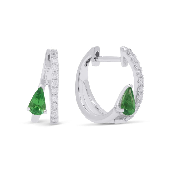 Beautiful Hand Crafted 14K White Gold 3X5MM Tsavorite And Diamond Arianna Collection Hoop Earrings With A Hoop Closure