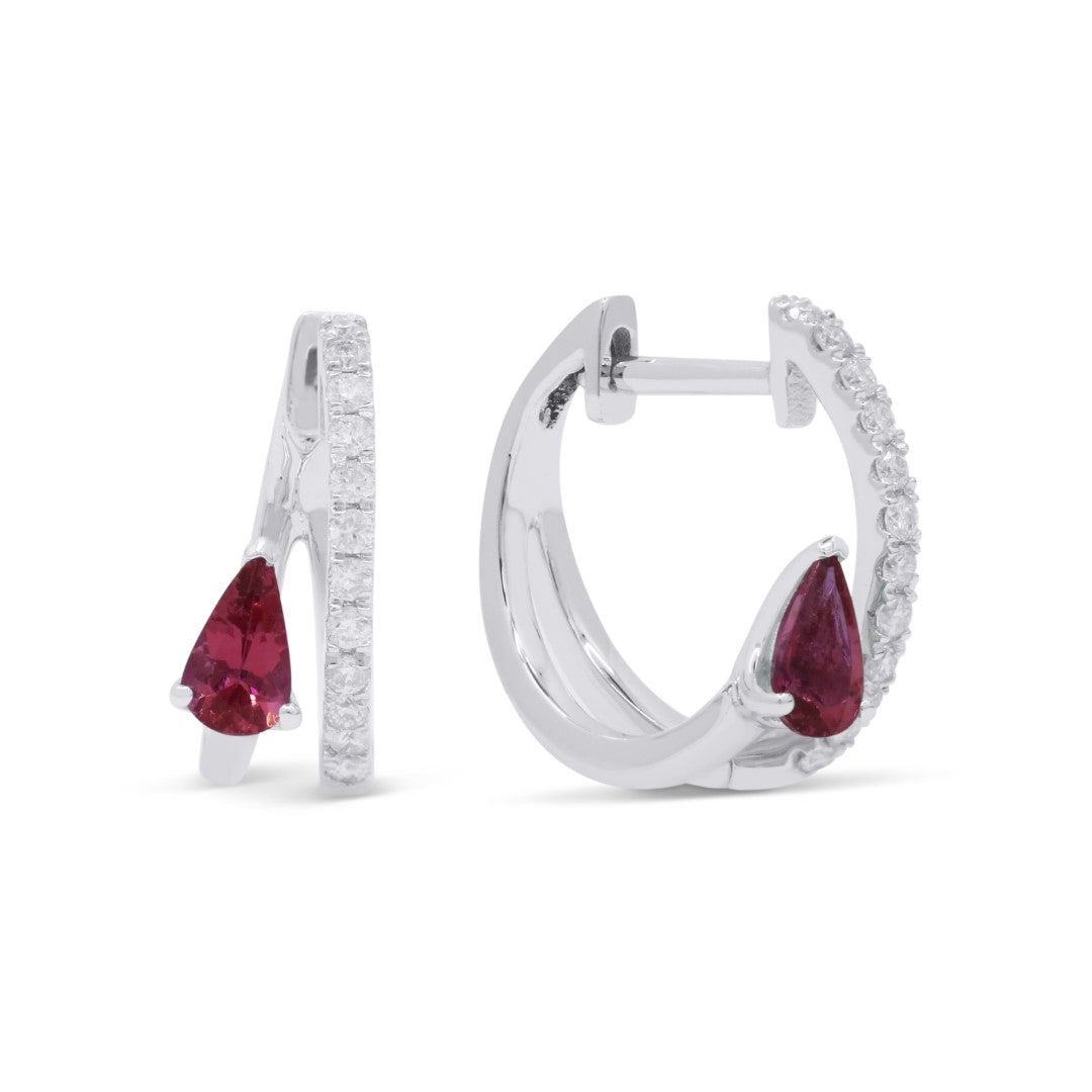 Beautiful Hand Crafted 14K White Gold 3X5MM Ruby And Diamond Arianna Collection Hoop Earrings With A Hoop Closure