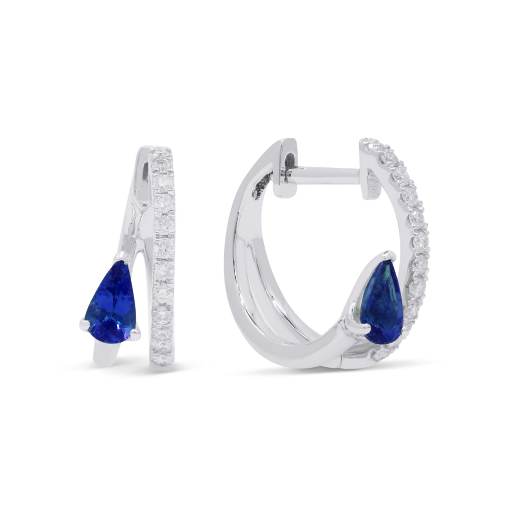 Beautiful Hand Crafted 14K White Gold 3X5MM Sapphire And Diamond Arianna Collection Hoop Earrings With A Hoop Closure