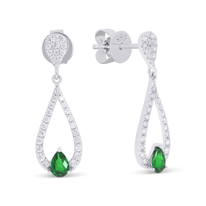 Beautiful Hand Crafted 14K White Gold 3X4MM Emerald And Diamond Arianna Collection Drop Dangle Earrings With A Push Back Closure