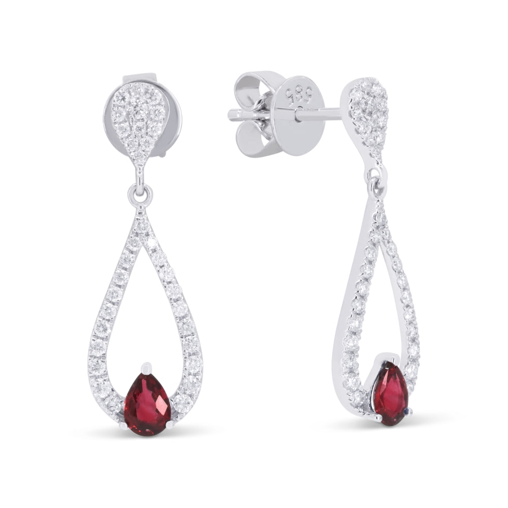 Beautiful Hand Crafted 14K White Gold 3X4MM Ruby And Diamond Arianna Collection Drop Dangle Earrings With A Push Back Closure