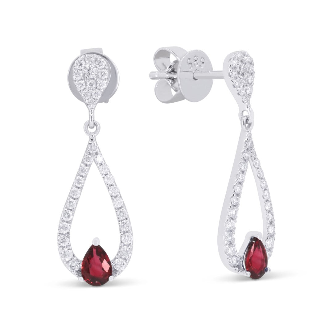 Beautiful Hand Crafted 14K White Gold 3X4MM Ruby And Diamond Arianna Collection Drop Dangle Earrings With A Push Back Closure