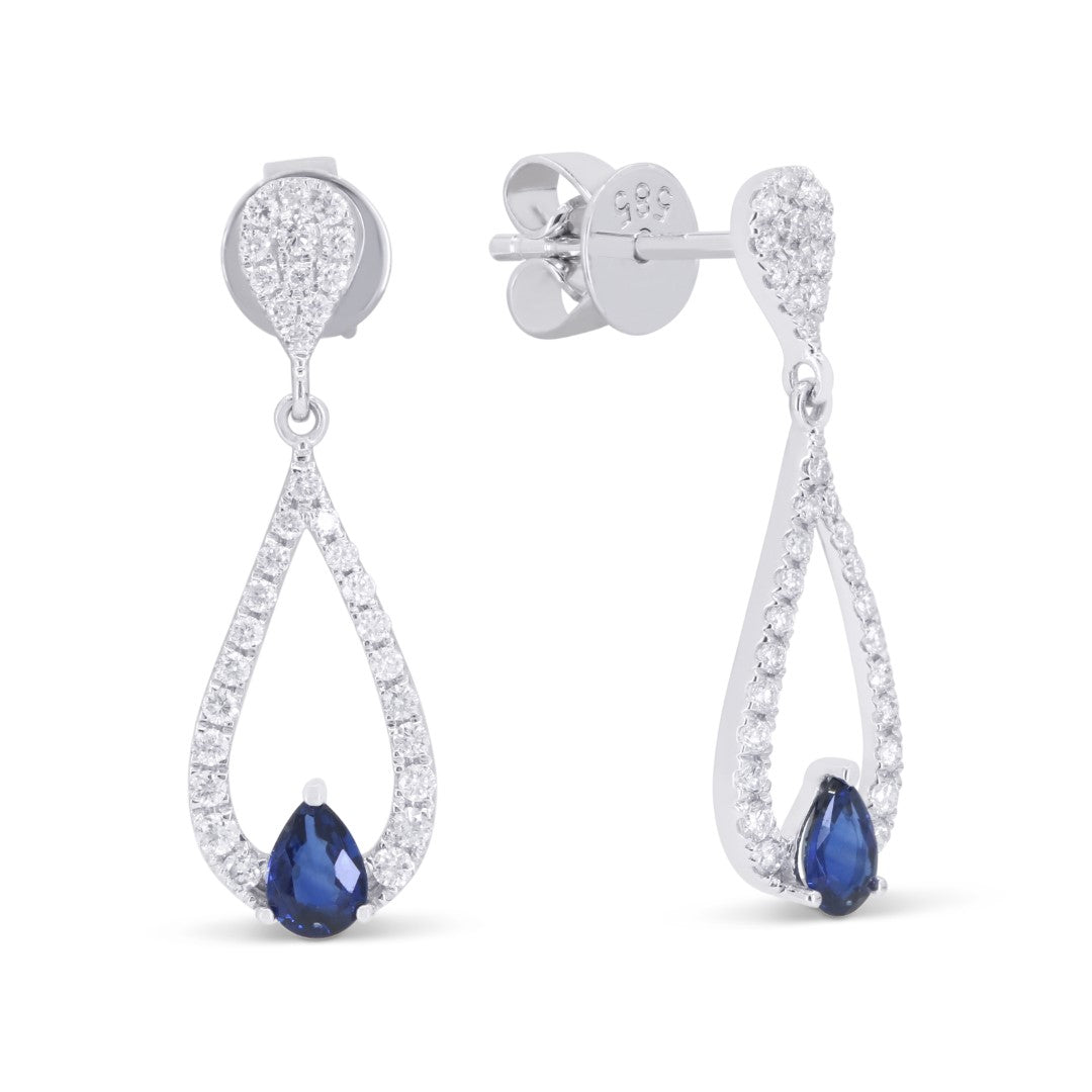 Beautiful Hand Crafted 14K White Gold 3X4MM Sapphire And Diamond Arianna Collection Drop Dangle Earrings With A Push Back Closure