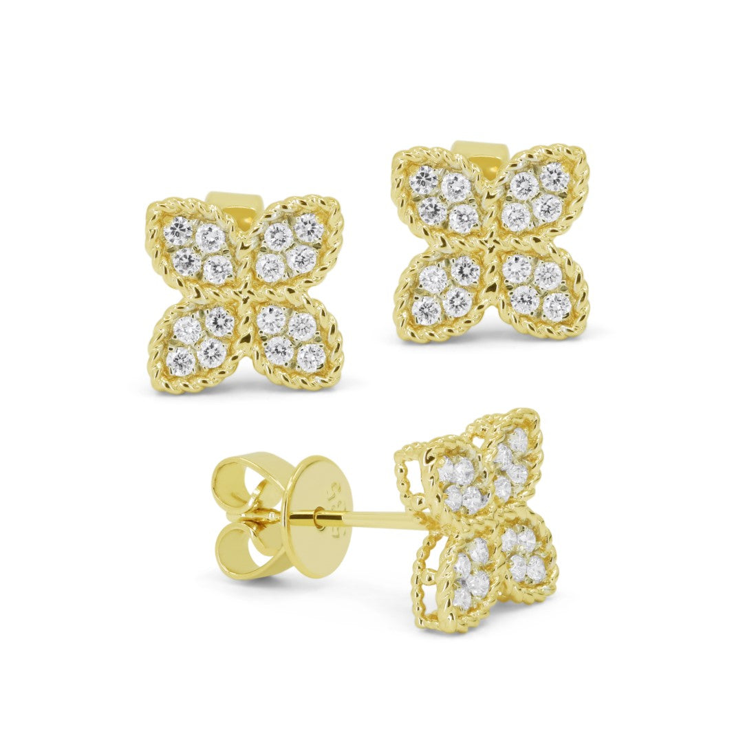 Beautiful Hand Crafted 14K Yellow Gold White Diamond Milano Collection Stud Earrings With A Push Back Closure