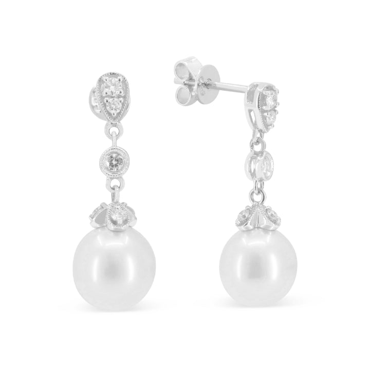 Beautiful Hand Crafted 14K White Gold 6-6.5MM Pearl And Diamond Essentials Collection Drop Dangle Earrings With A Push Back Closure
