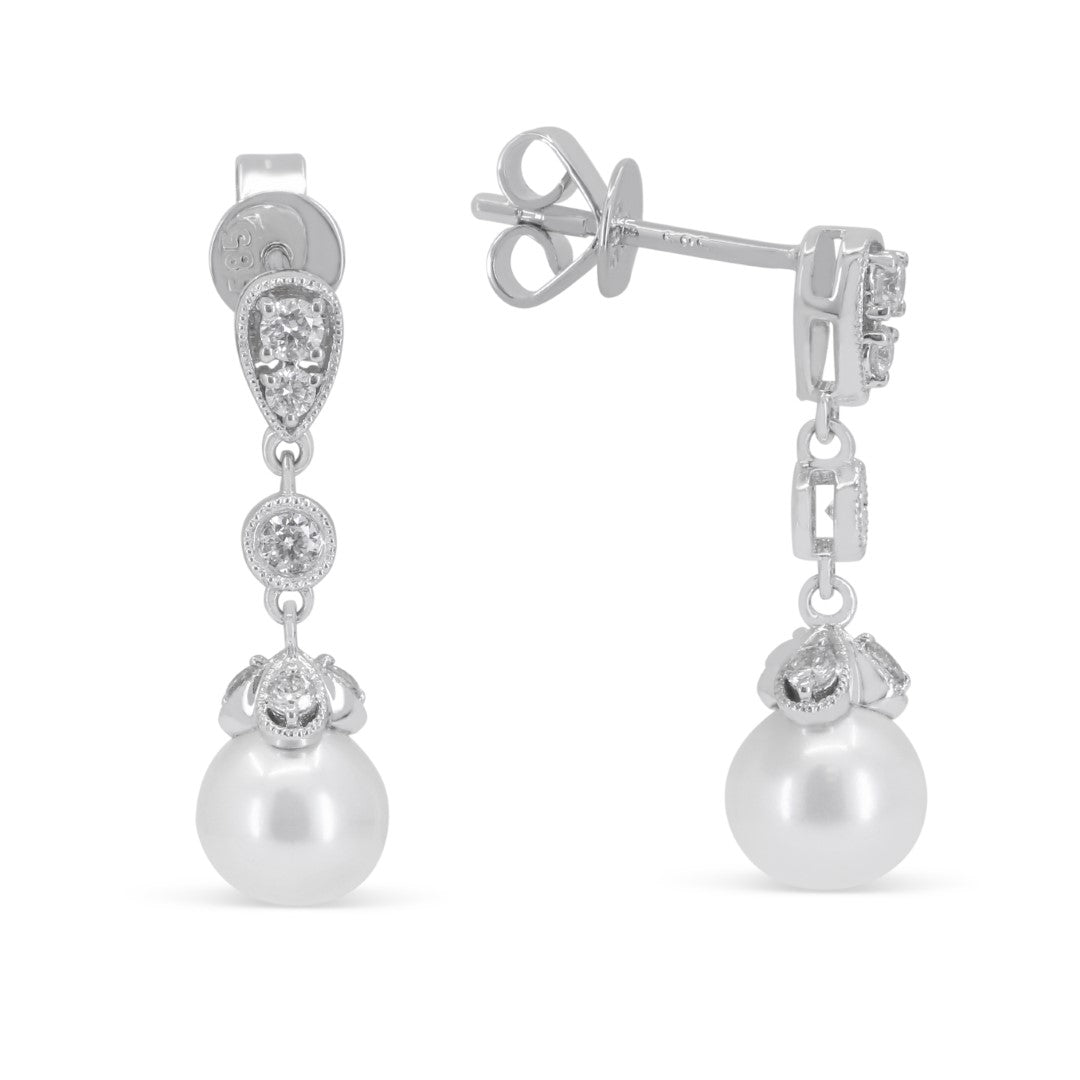 Beautiful Hand Crafted 14K White Gold 6-6.5MM Pearl And Diamond Essentials Collection Drop Dangle Earrings With A Push Back Closure