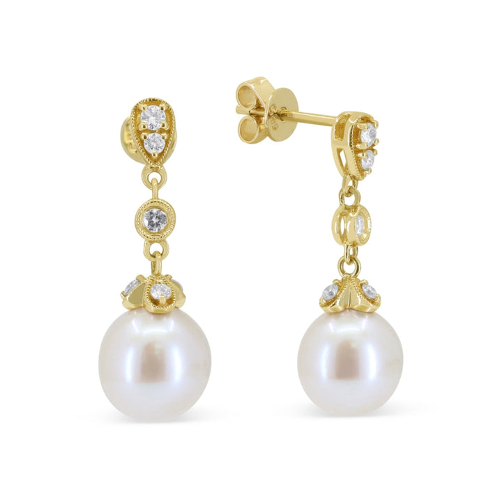 Beautiful Hand Crafted 14K Yellow Gold  Pearl And Diamond Essentials Collection Drop Dangle Earrings With A Push Back Closure